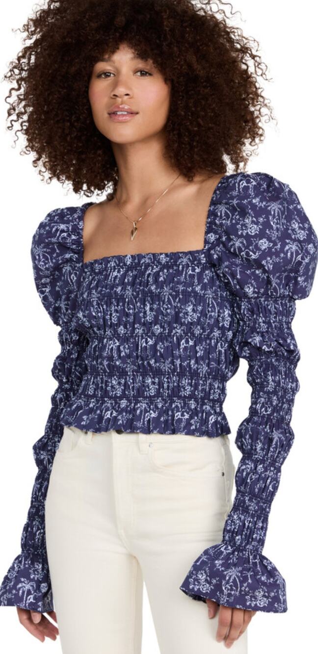 Caroline Constas Delilah Blue Puff Sleeve Camel Smocked Shirt Top Size Small
